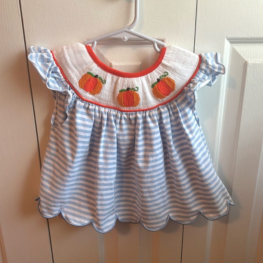 Sibling Pumpkin set- smocked bloomer set and polo